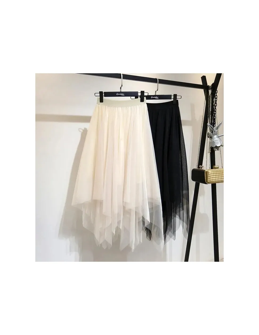 Gonna da festa alla moda da donna Gonna lunga in tulle elastica a vita alta Gonna midi da donna con orlo irregolare in rete