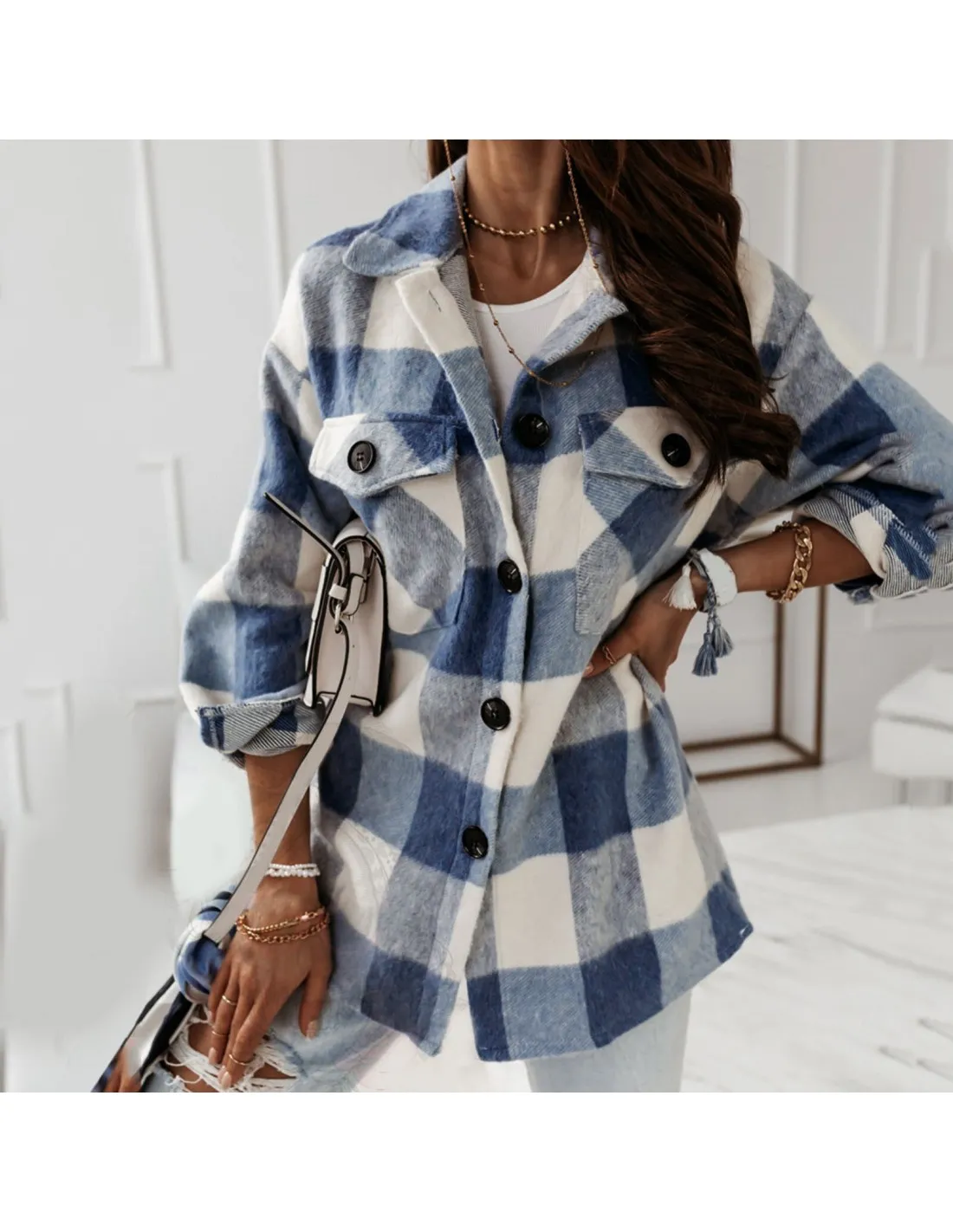 Women Long Sleeve Button Down Plaid Shirts Overcoat Jackets Autumn Winter Jackets Mid Length Warm Coat For Women Outerwe
