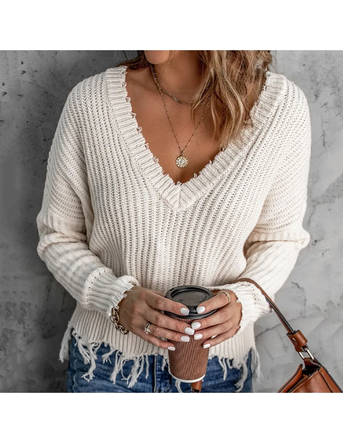 Women Solid Color Knitted Sweater Spring Autumn Long Sleeve Pullover Casual V Neck Sweater Pullovers Solid Color Knit Sw