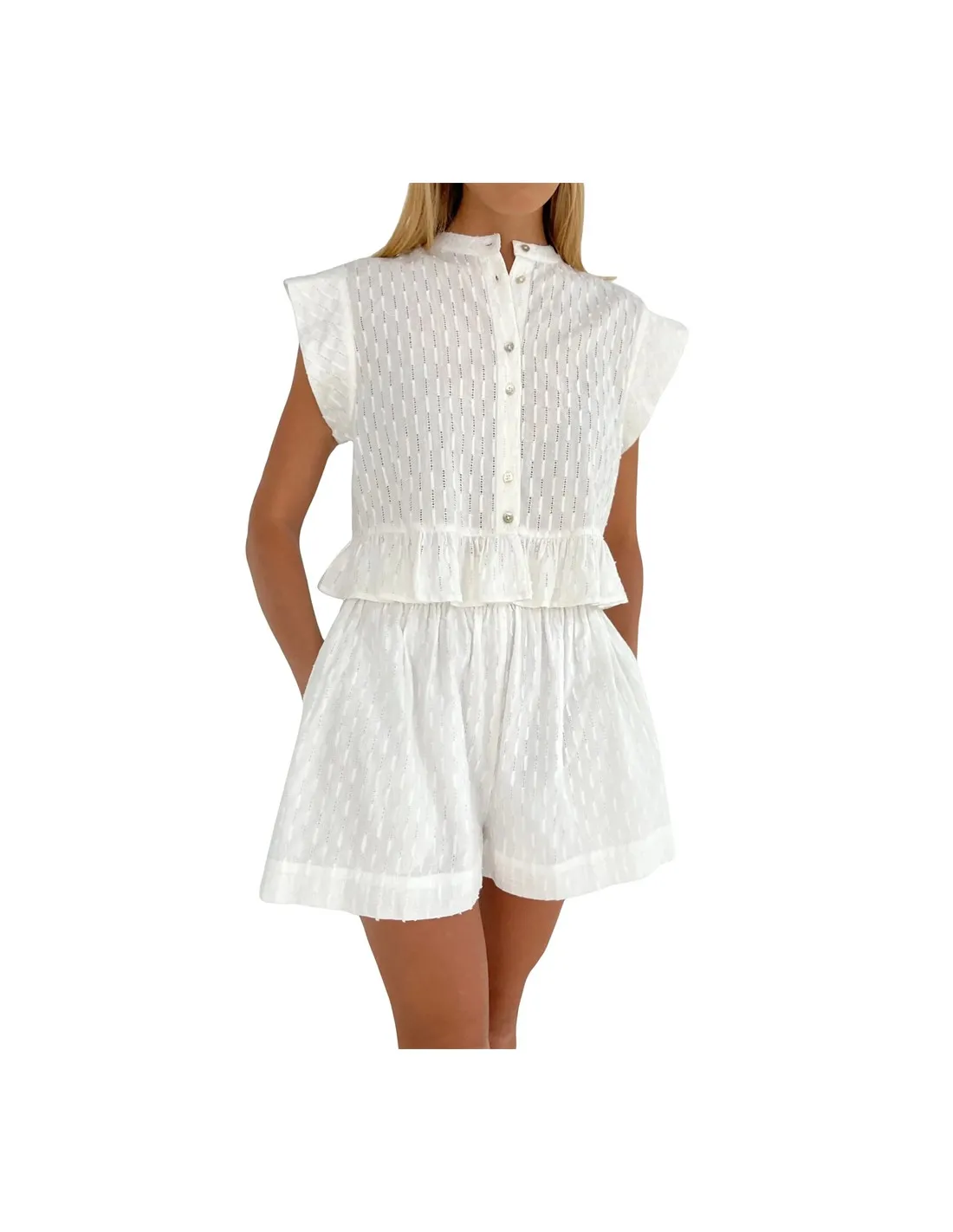 Vestiti estivi da donna 2 pezzi Abito solido abbottonato Top arricciato Pantaloncini elastici in vita con tasche Eleganti abbina