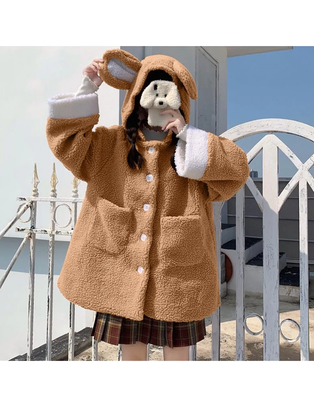 Women Winter Warm Wool Plush Coat Rabbit Ear Imitation Coat Fleece Jackets Cute Girl Hooded Snow Coats Jacket Outwear Ja