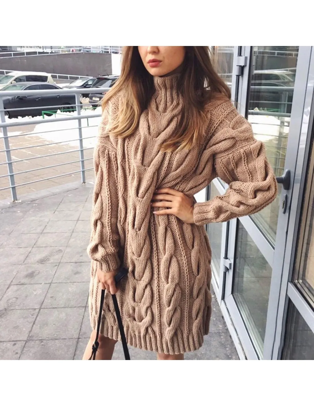Womenautumn And Winter Knitted Solid Color Loose Pullover Twist Knitted Sweater Sweater Dress For Women Plus Size Knee L
