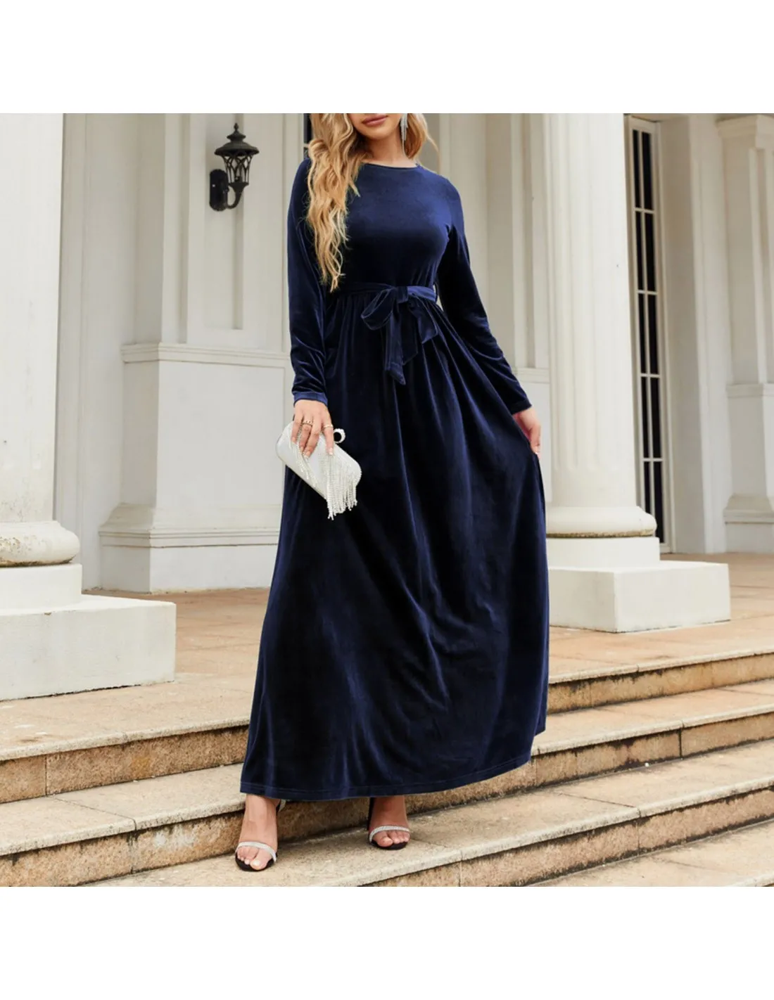 Womens Autumn And Winter Elegant Temperament Style Long Dress Gold Velvet Solid Color High End Evening Dresses For Women