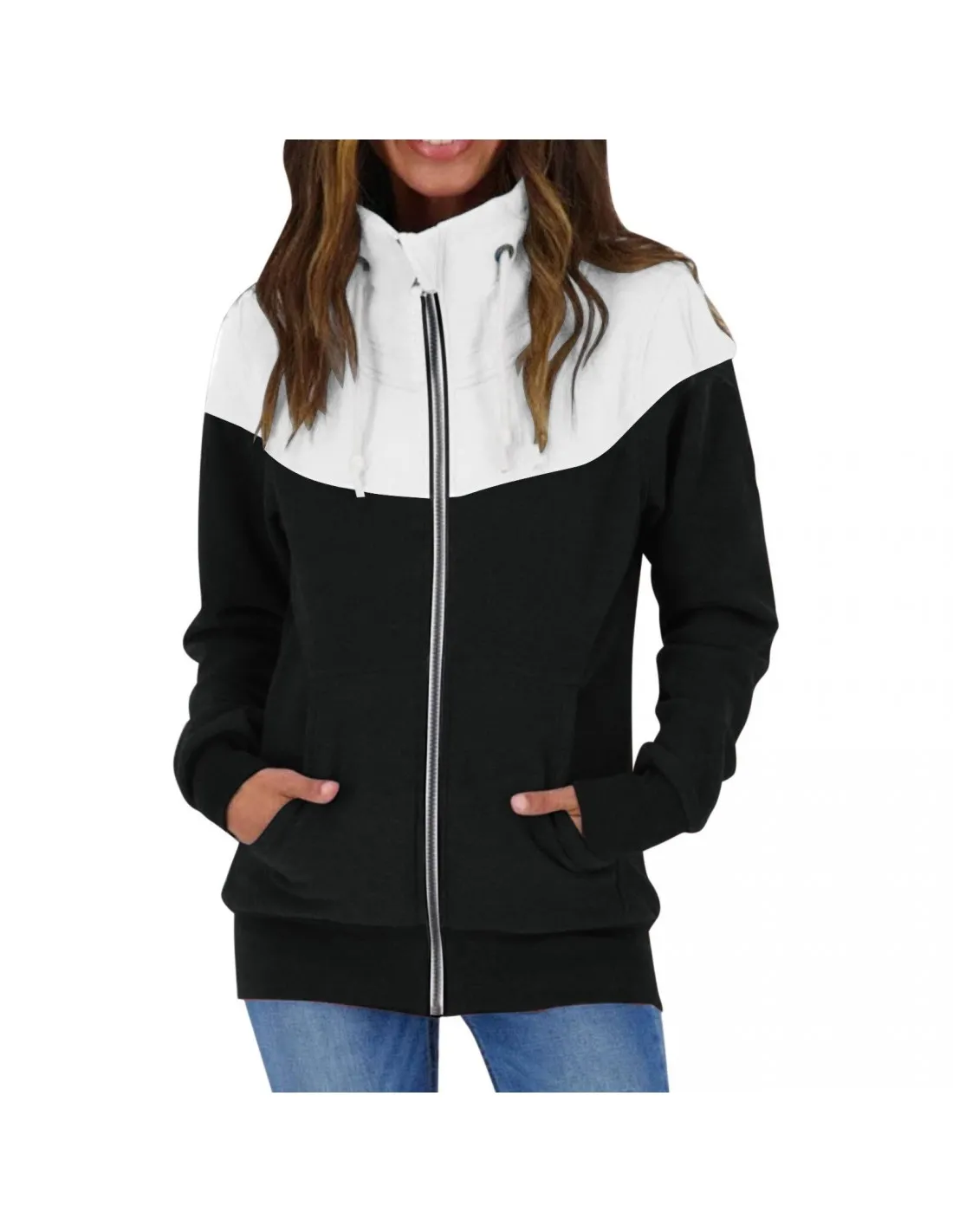 Womens Casual Sweatshirts Color Contrast Long Sleeve Zipper Coat Pocket Sweatshirt Tops Drawstring Sweatshirt Autumn Win