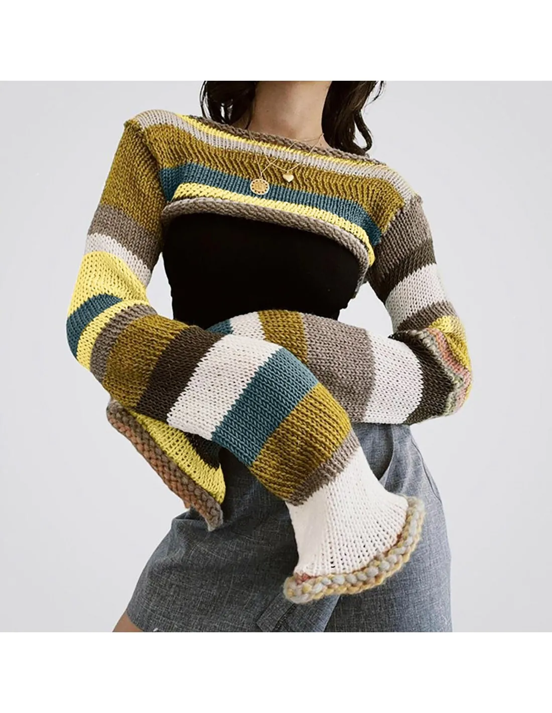 Womens Color Matching Cut Out Knitted Sweater Autumn Winter Long Sleeve Pullover Crop Top Sweater Knitwear Ladies Sweate