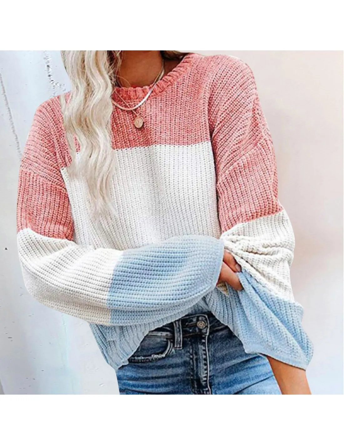 Womens Crew Neck Long Sleeve Sweater Pullovers Color Block Knit Sweater Casual Pullover Jumper Tops Authentic Clothes Wi