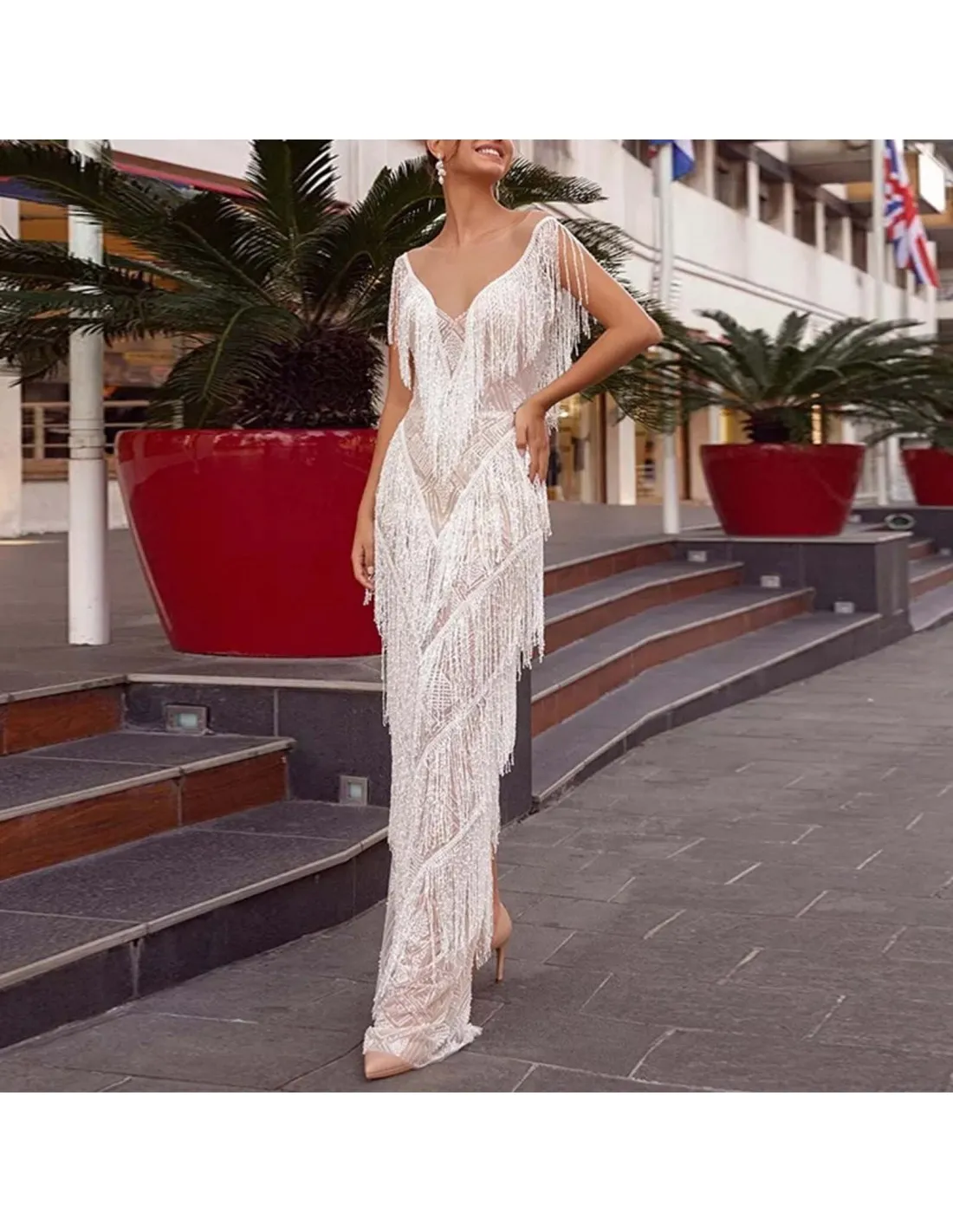 Womens Dress Skirt Deep V Neck Dress Sleeveless Pencil Skirt Fringed Midi Skirt Solid Elegant Petite Ladies Dress