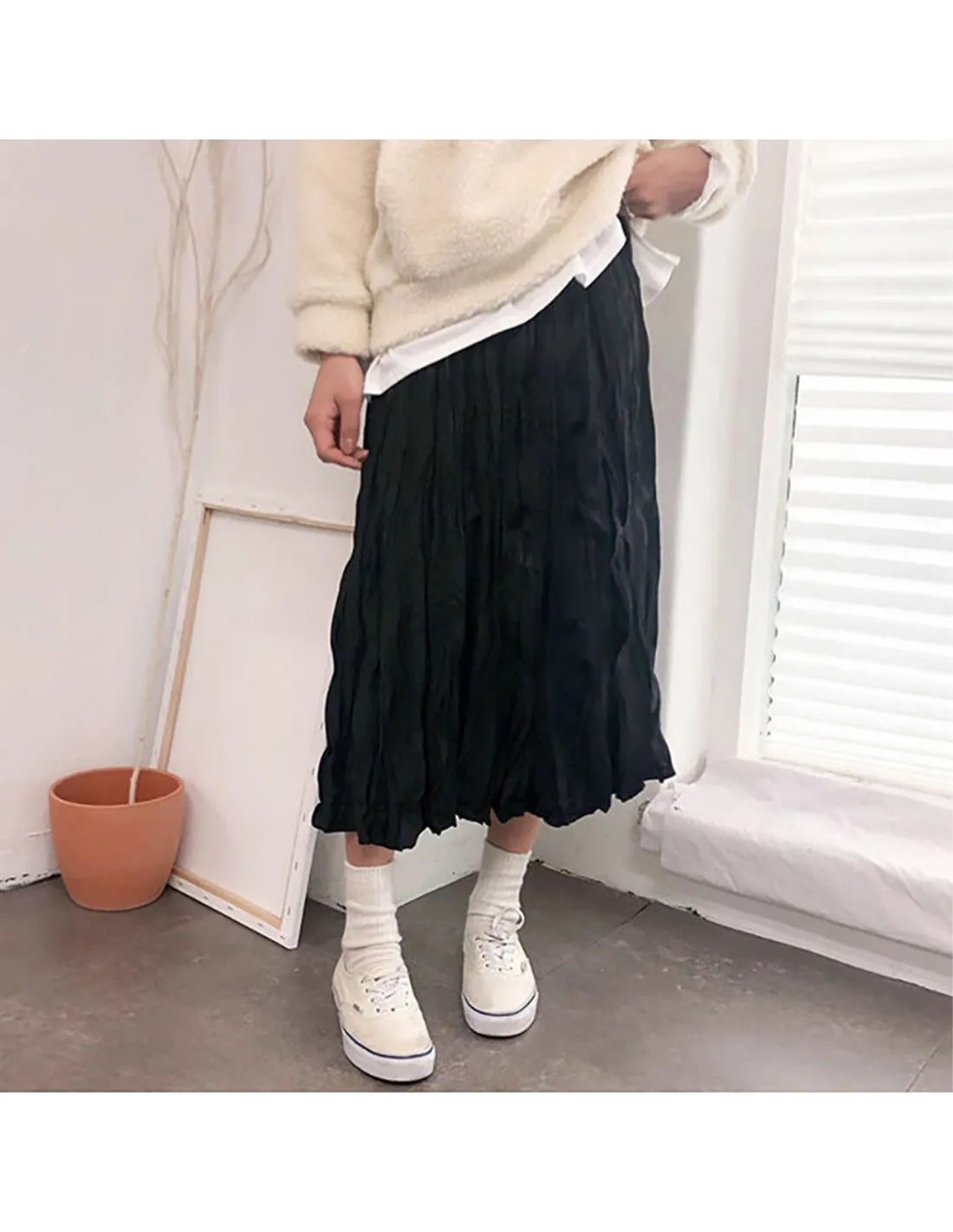 Womens Fashion High Waist Mid Length Pleated A Line Skirt Skirt Elastic Waist Versatile Autumn And Winter Skirt Metalli