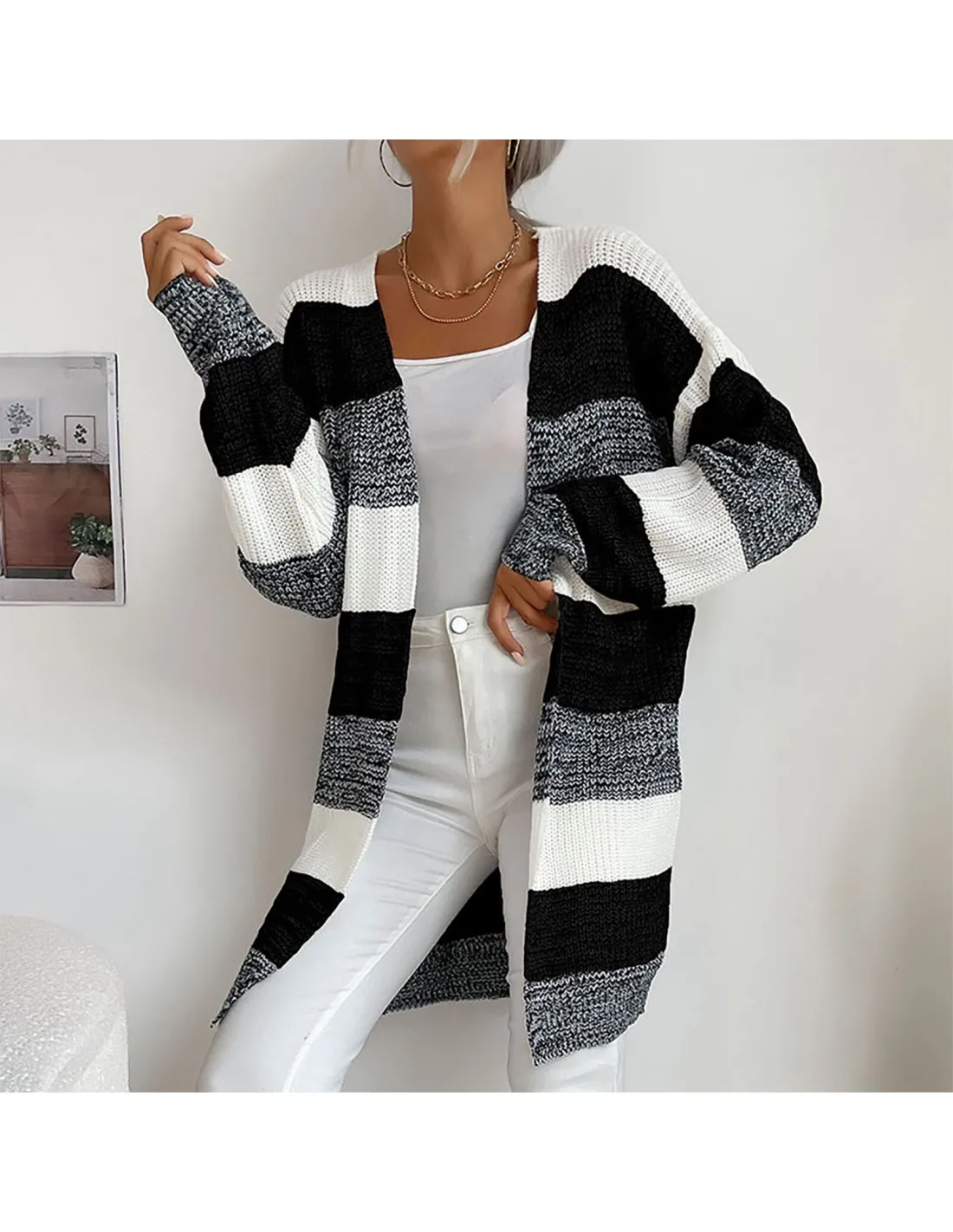 Womens Fashion Long Sleeved Striped Cardigan Sweater Coat Long Style Spring Autumn Clothing Casual Sweater Cardigan Jack