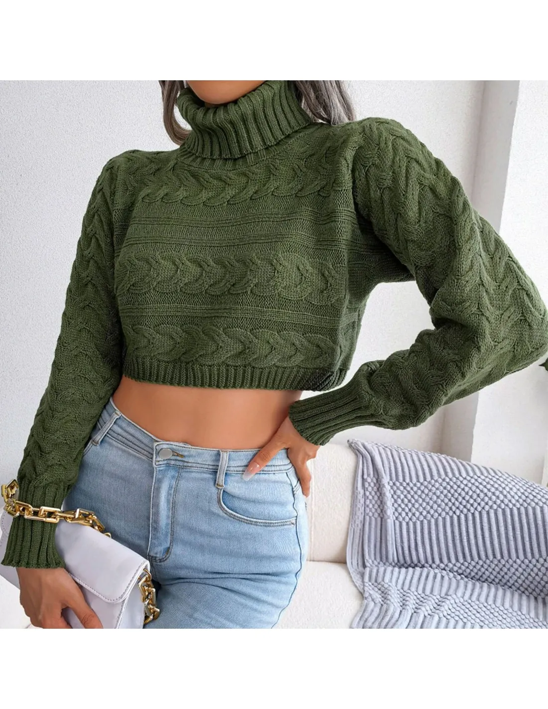 Womens Fashion Turtleneck Long Sleeve Fashion Fried Dough Twist Short Knitted Sweater Bright Sweater Crop Tops Sweater