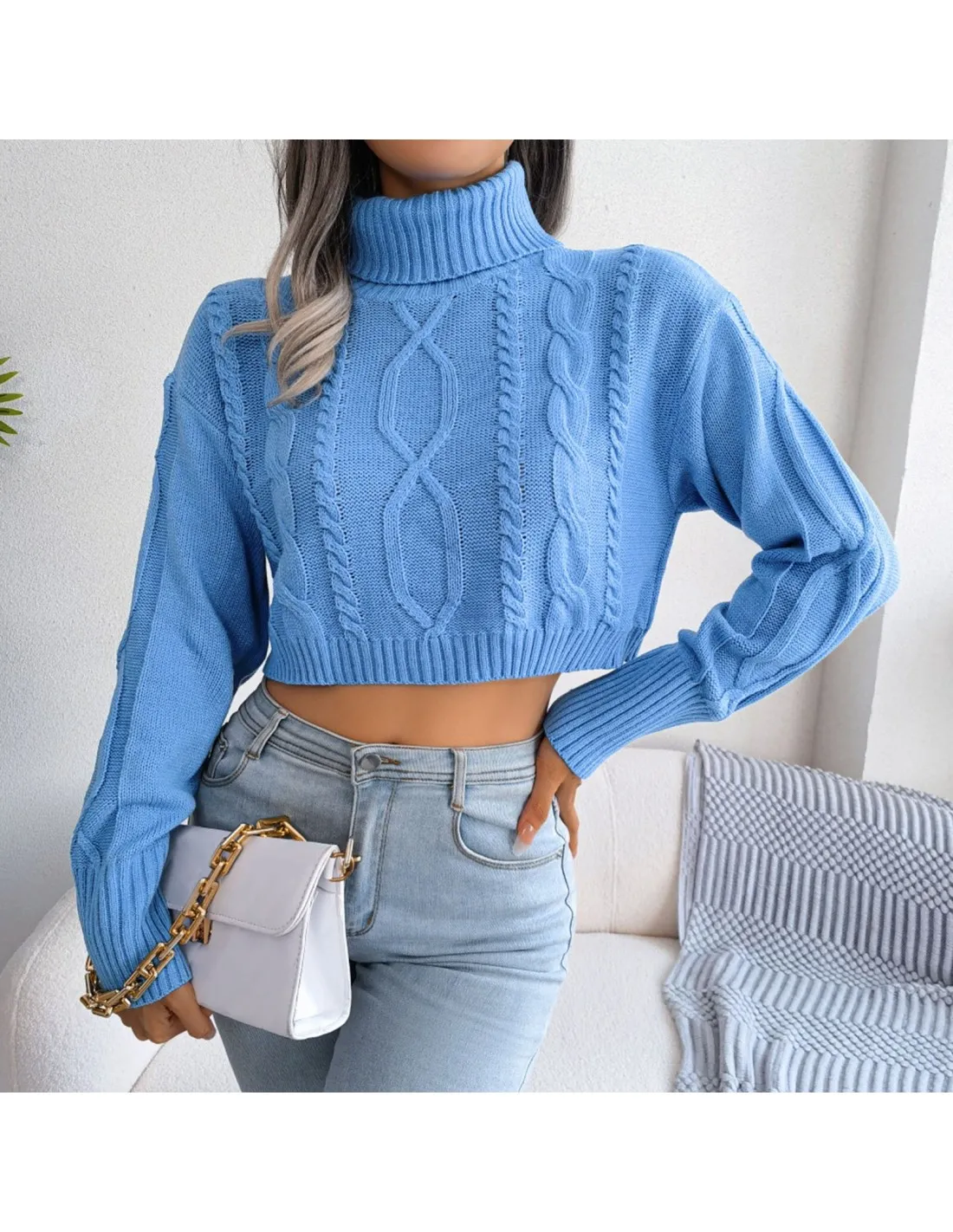 Womens Fashion Turtleneck Long Sleeve Sweater Pullovers Fashion Fried Dough Twist Short Knitted Sweater Turtleneck Women