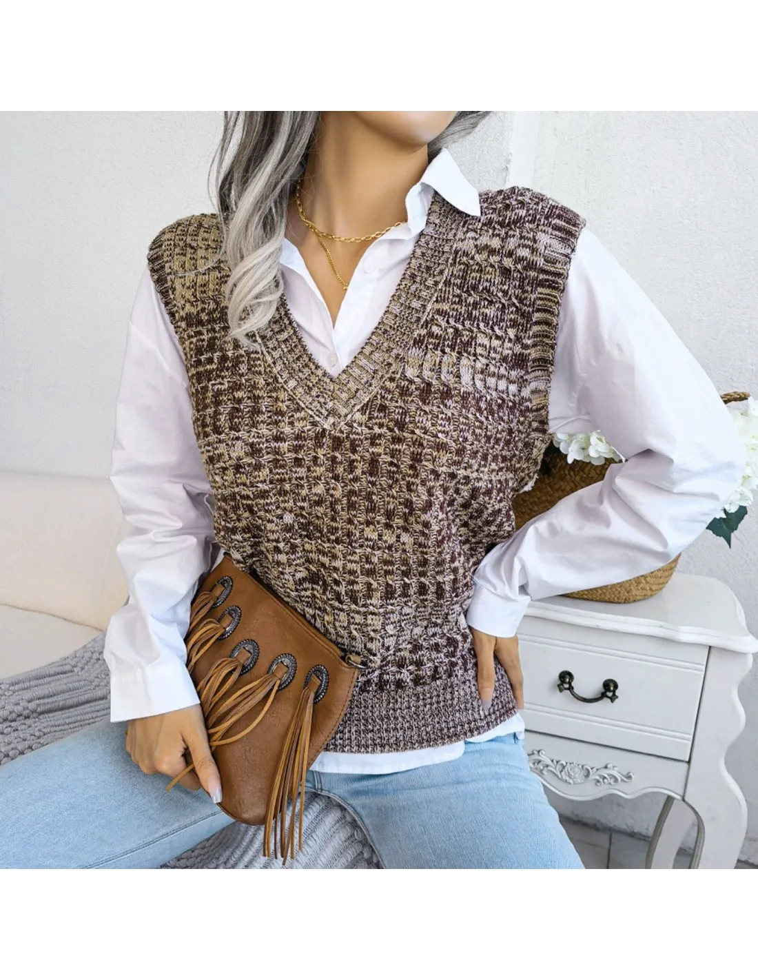 Womens Fashion V Neck Sleeveless Knitted Vest College Style Sweater Vest Women Oversized Sweater Vest Autumn Winter Knit