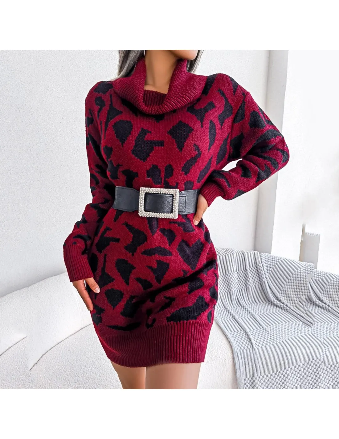 Womens High Neck Long Sleeve Bodycon Pullover Dress Warm Autumn Winter Knitted Dress Ladies Mini Sweater Dress Vestidos