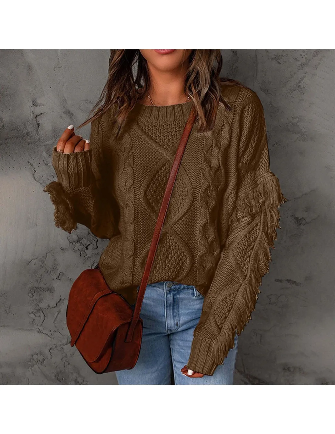 Womens Oversized Fuzzy Crewneck Tassel Long Sleeve Sweaters Casual Loose Knitted Pullover Jumper Tops Zip Hoodie Cotton