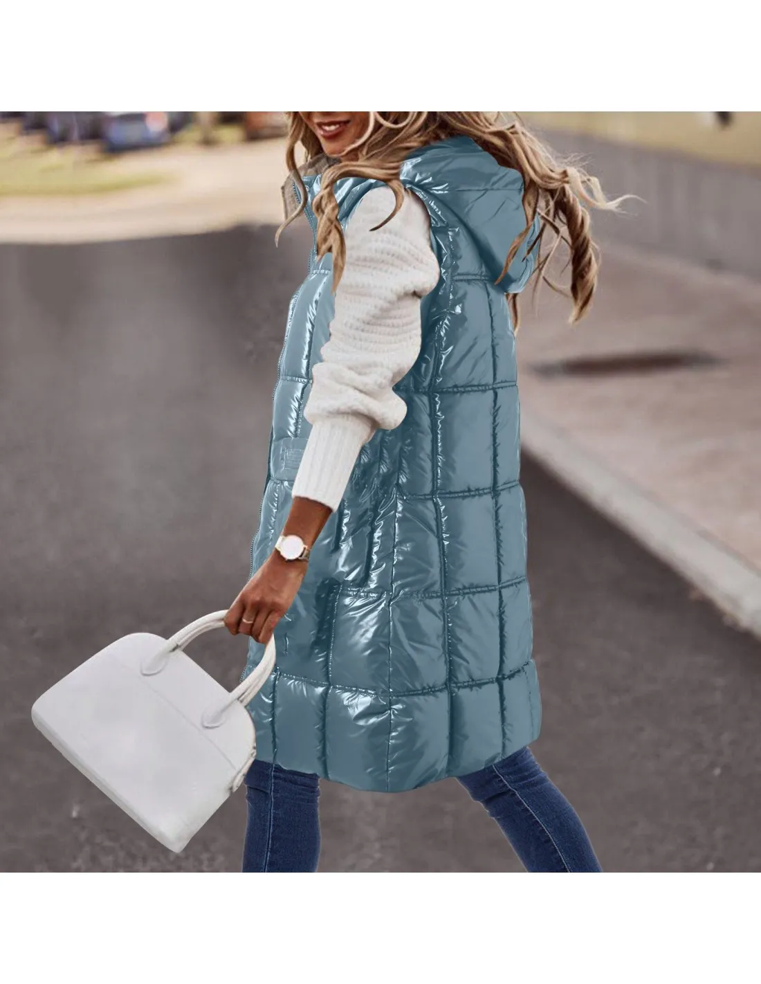 Womens Sleeveless Long Vest Hooded Button Down Puff Vest Cotton Padded Jacket Winter Outerwear Womens Winter Outer Wear
