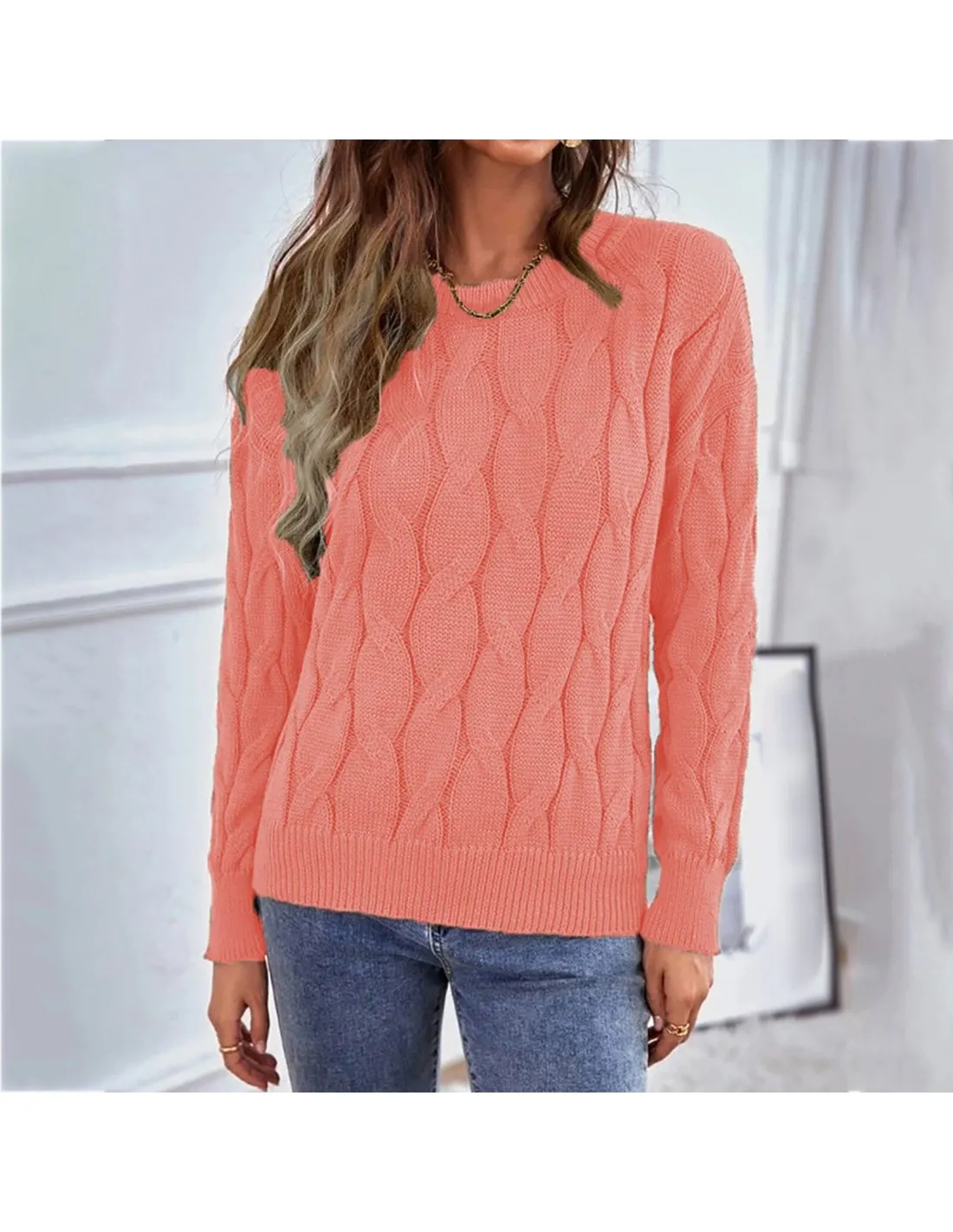 Womens Sweater 2022 Cute Elegant Soft Crewneck Long Sleeve Sweater Pullovers Hollow Cable Knit Pullover Sweaters Knitwea
